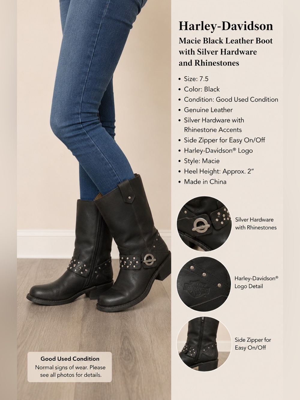 Harley-Davidson Macie Black Leather Boot with Silver Hardware and Rhinestones